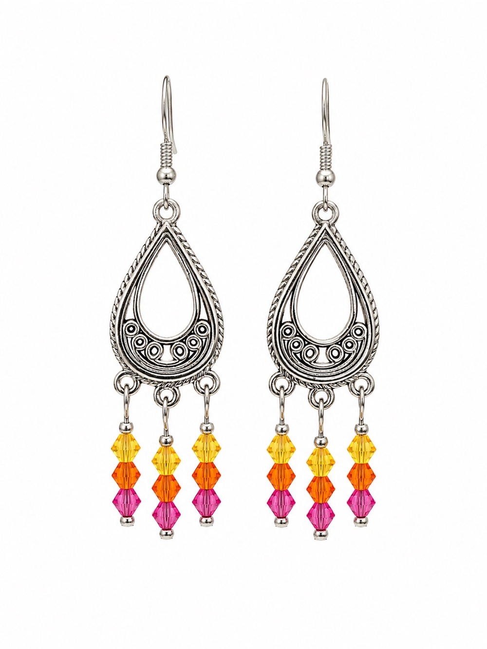 Palm Beach, Pink, Orange and Yellow Chandelier Earrings with Teardrop Design